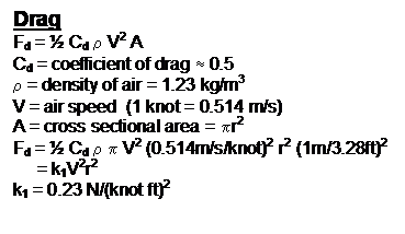 Text Box: Drag
Fd =  Cd r V2 A 
Cd = coefficient of drag  0.5
r = density of air = 1.23 kg/m3
V = air speed  (1 knot = 0.514 m/s)
A = cross sectional area = pr2 
Fd =  Cd r p V2 (0.514m/s/knot)2 r2 (1m/3.28ft)2
     = k1V2r2 
k1 = 0.23 N/(knot ft)2

